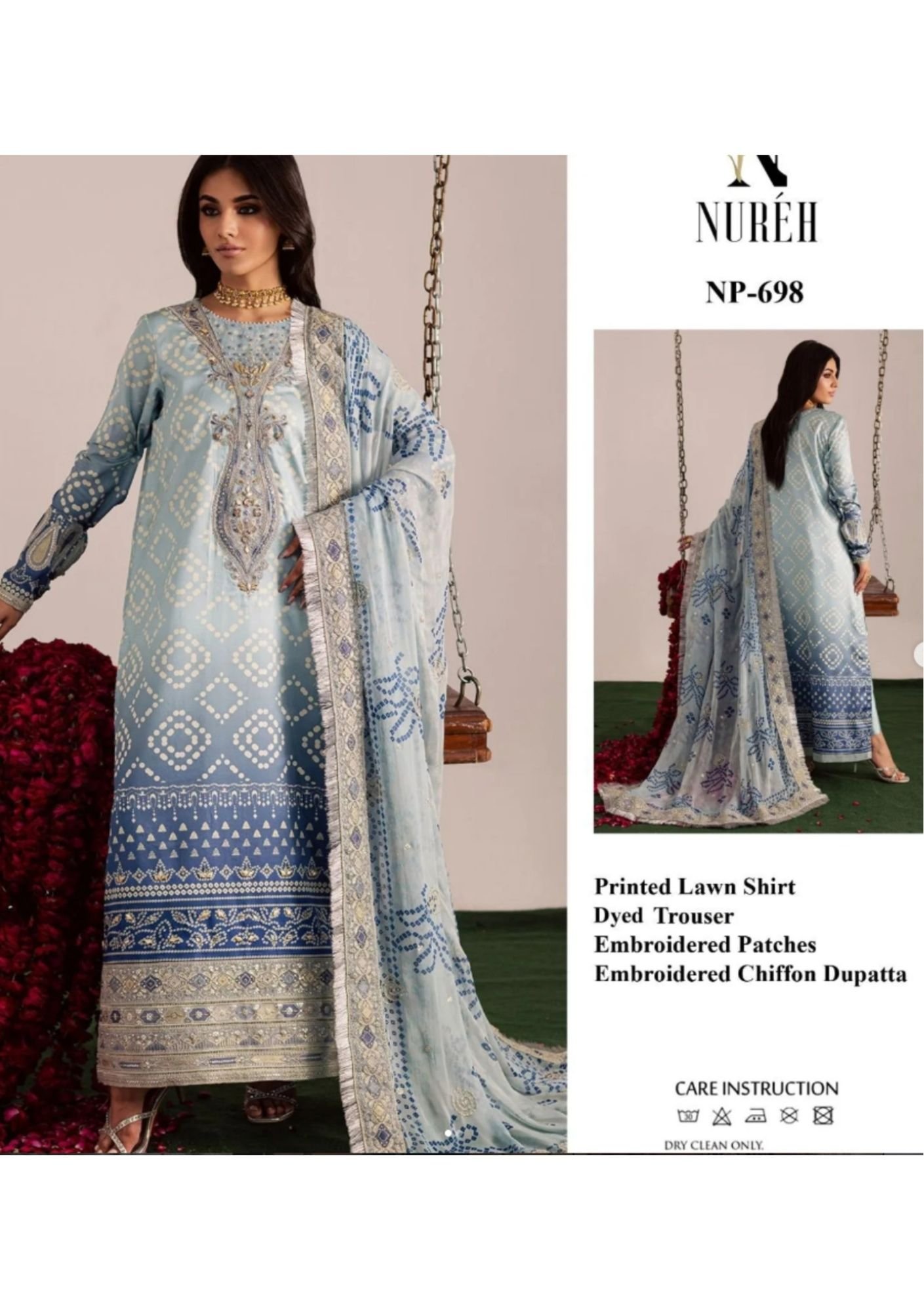 Powder Blue Bandhani Unstitched Printed Lawn Suit, Nureh Replica