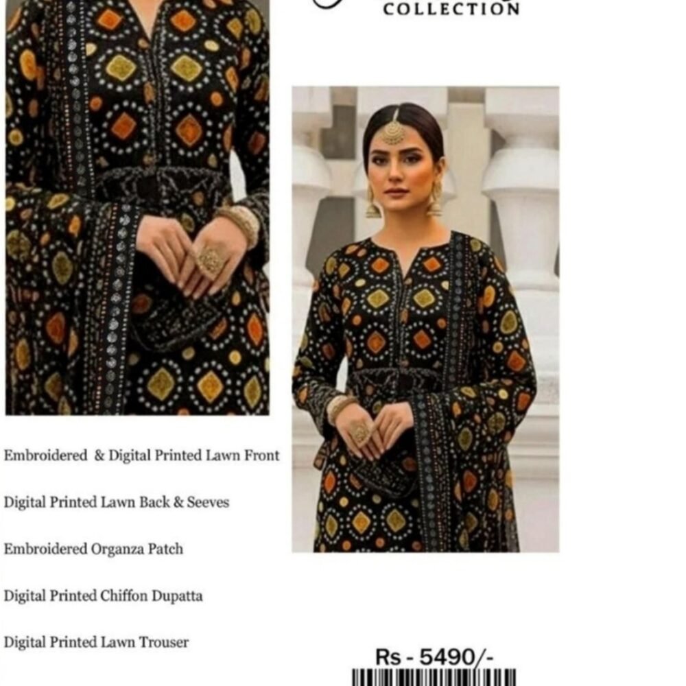 Black Medallion Unstitched Embroidered Printed Lawn Suit, Aneelas Replica