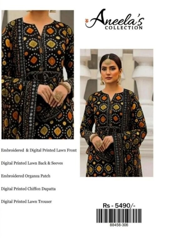 Black Medallion Unstitched Embroidered Printed Lawn Suit, Aneelas Replica
