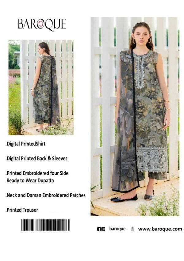 Moody Floral Unstitched Digital Printed Lawn Suit, Baroque Replica