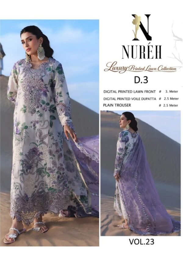 White Lavender Paisley Unstitched Digital Printed Lawn Suit, Nureh Replica