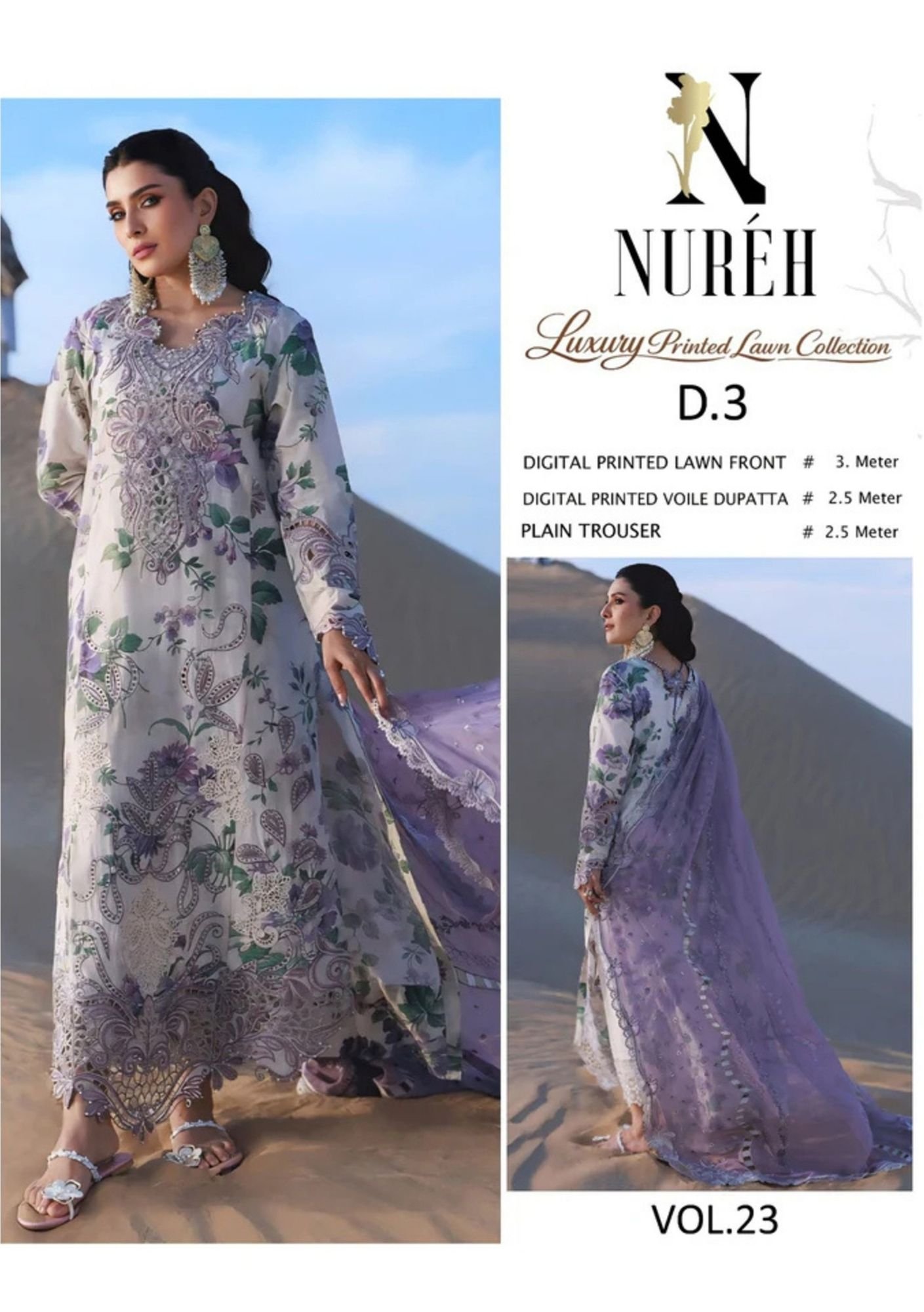 White Lavender Paisley Unstitched Digital Printed Lawn Suit, Nureh Replica