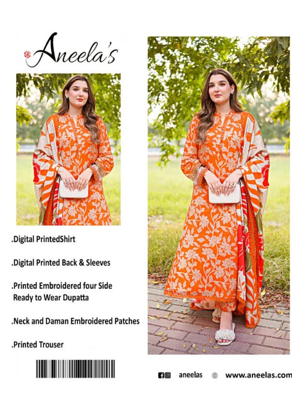 Tangerine Bloom Unstitched Digital Printed Lawn Suit, Aneelas Replica