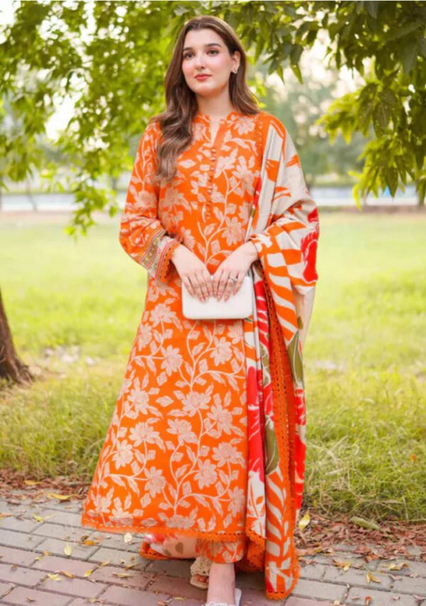 Tangerine Bloom Unstitched Digital Printed Lawn Suit, Aneelas Replica