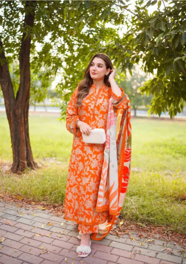 Tangerine Bloom Unstitched Digital Printed Lawn Suit, Aneelas Replica