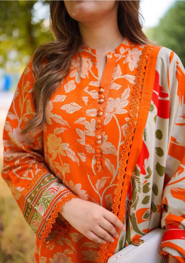Tangerine Bloom Unstitched Digital Printed Lawn Suit, Aneelas Replica