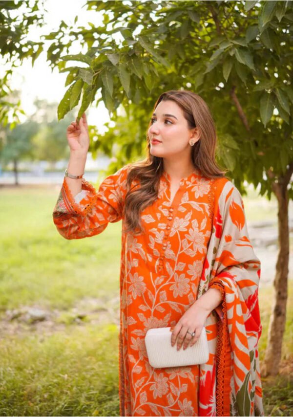 Tangerine Bloom Unstitched Digital Printed Lawn Suit, Aneelas Replica