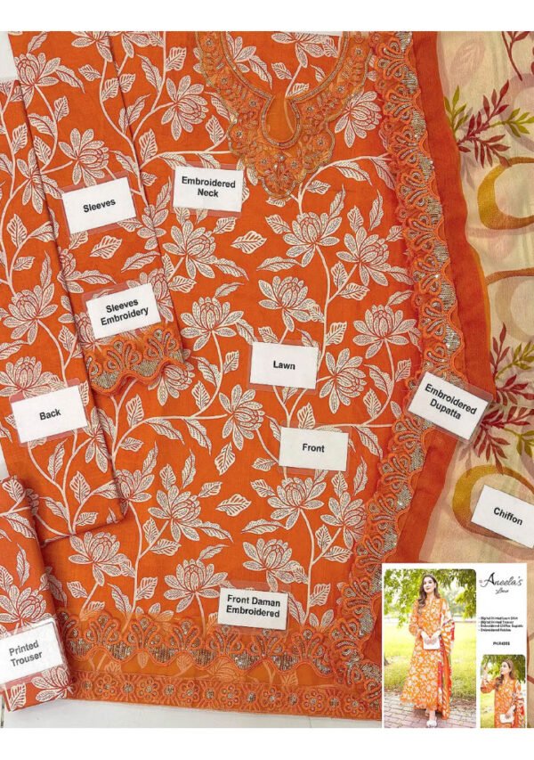 Tangerine Bloom Unstitched Digital Printed Lawn Suit, Aneelas Replica