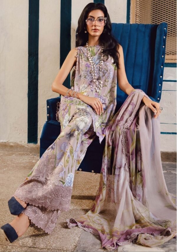 Lavender Iris Unstitched Digital Printed Lawn Suit, Maria B Replica