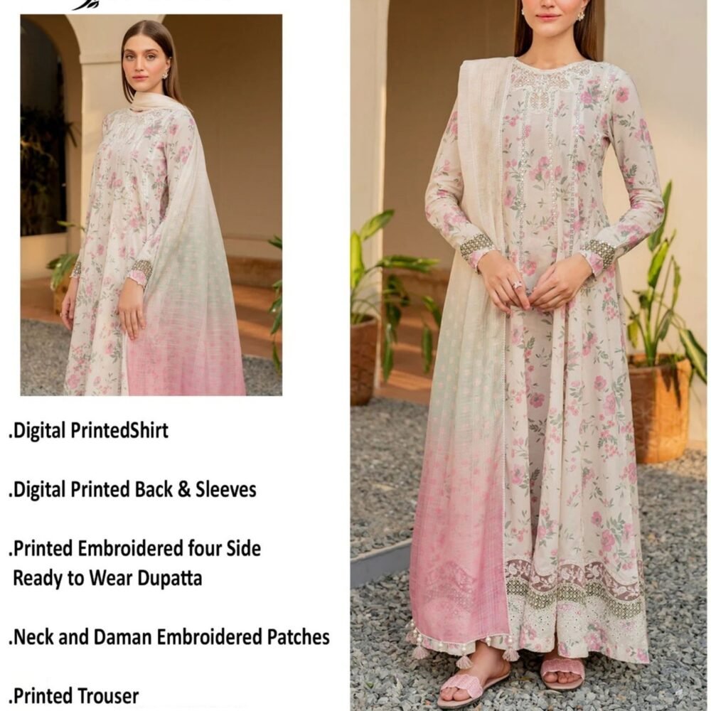 Blush Rose Unstitched Digital Printed Lawn Suit, Jazmin Replica