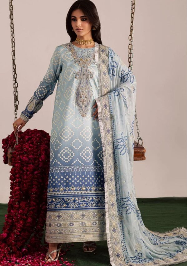 Powder Blue Bandhani Unstitched Printed Lawn Suit, Nureh Replica