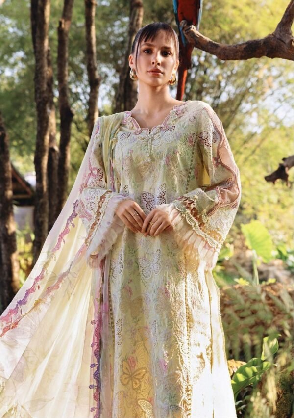 Ivory Butterfly Unstitched Digital Printed Lawn Suit, Maria B Replica