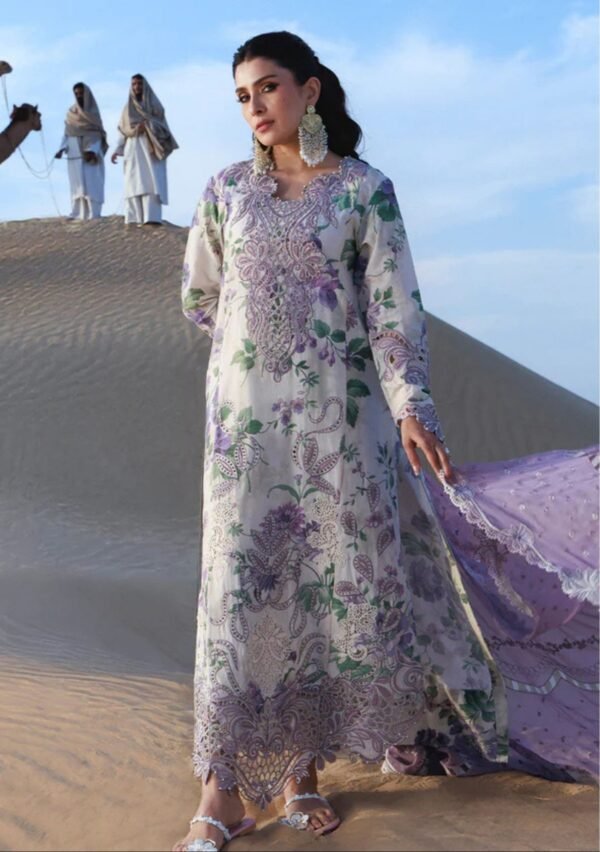White Lavender Paisley Unstitched Digital Printed Lawn Suit, Nureh Replica