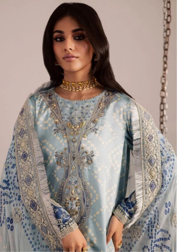 Powder Blue Bandhani Unstitched Printed Lawn Suit, Nureh Replica