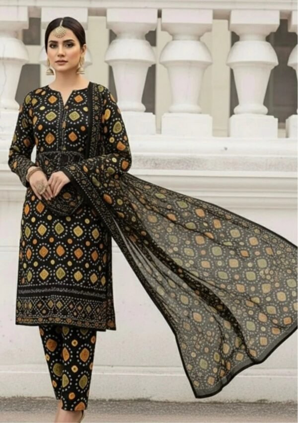 Black Medallion Unstitched Embroidered Printed Lawn Suit, Aneelas Replica