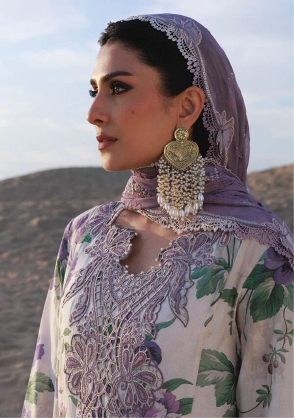 White Lavender Paisley Unstitched Digital Printed Lawn Suit, Nureh Replica