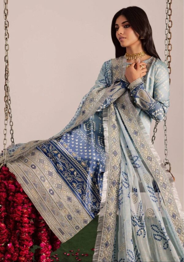 Powder Blue Bandhani Unstitched Printed Lawn Suit, Nureh Replica