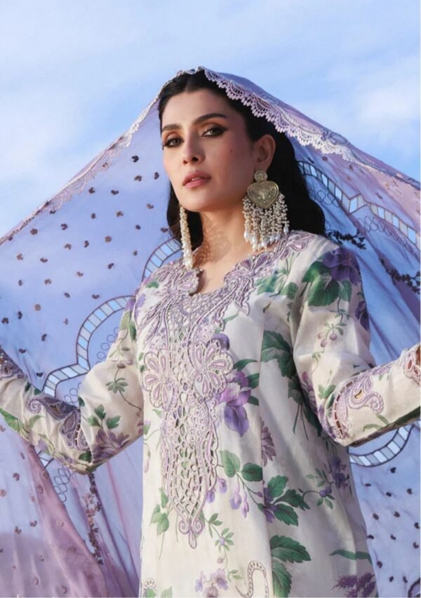 White Lavender Paisley Unstitched Digital Printed Lawn Suit, Nureh Replica