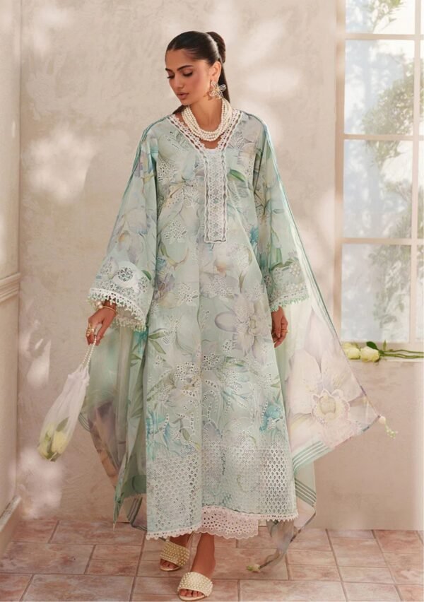 Aqua Lily Unstitched Digital Printed Lawn Suit, Baroque Replica
