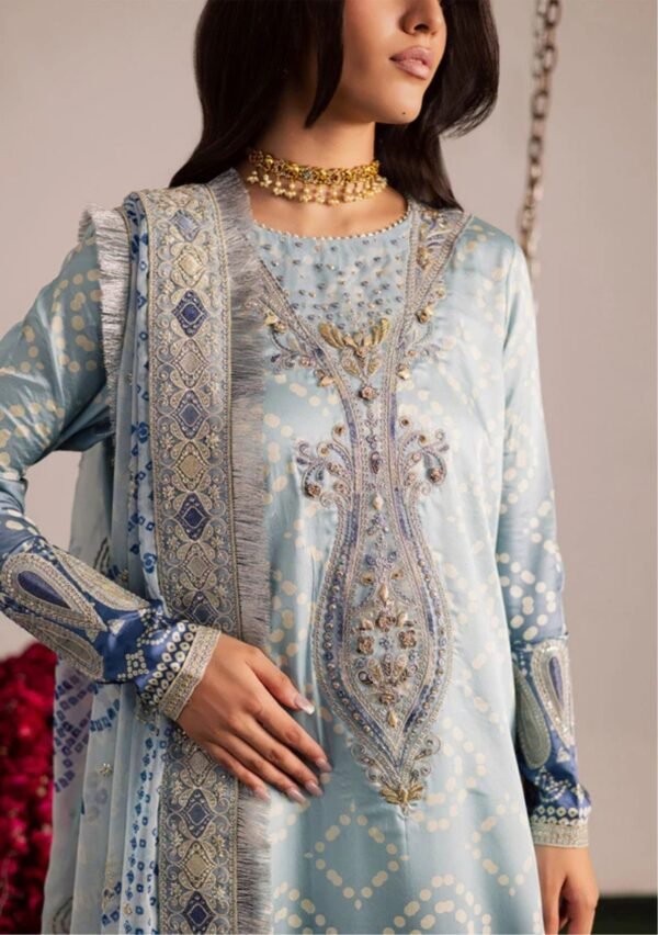 Powder Blue Bandhani Unstitched Printed Lawn Suit, Nureh Replica