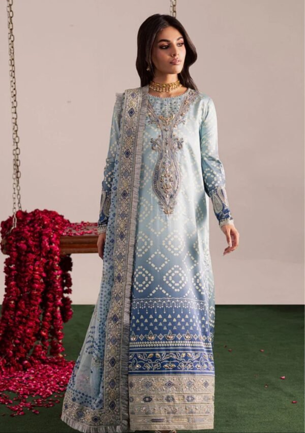 Powder Blue Bandhani Unstitched Printed Lawn Suit, Nureh Replica