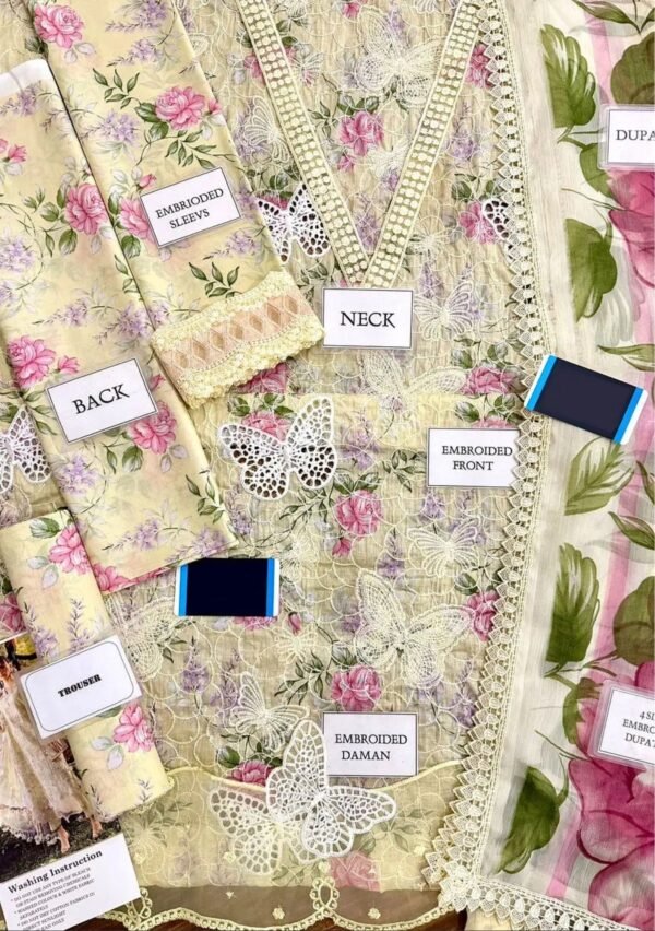 Ivory Butterfly Unstitched Digital Printed Lawn Suit, Maria B Replica