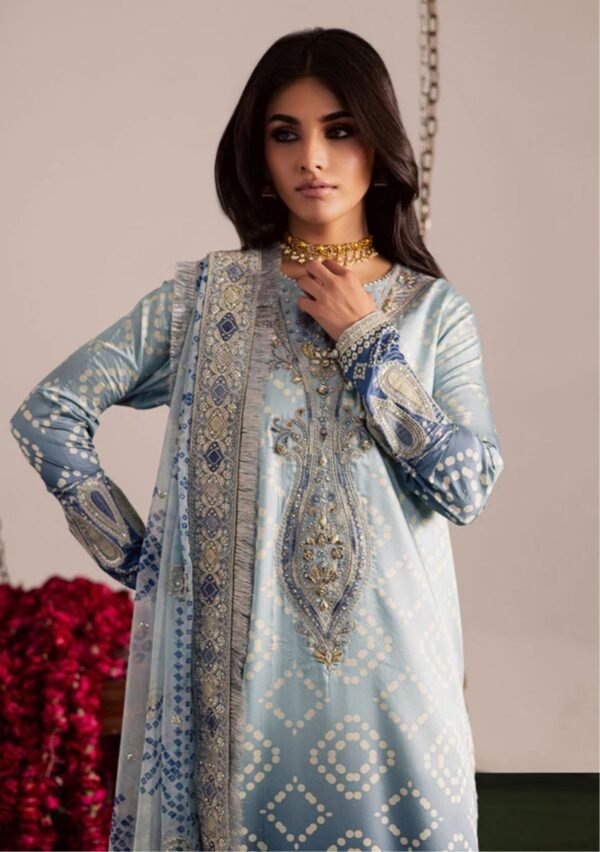 Powder Blue Bandhani Unstitched Printed Lawn Suit, Nureh Replica