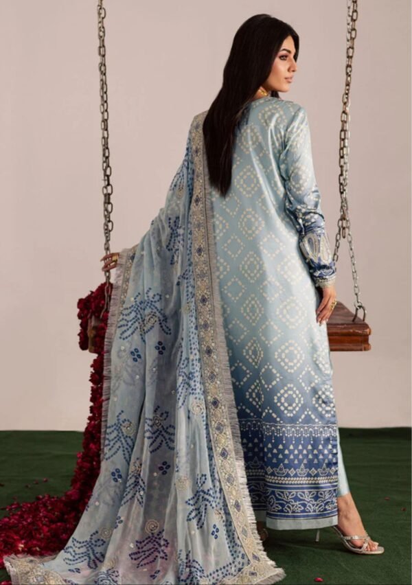 Powder Blue Bandhani Unstitched Printed Lawn Suit, Nureh Replica