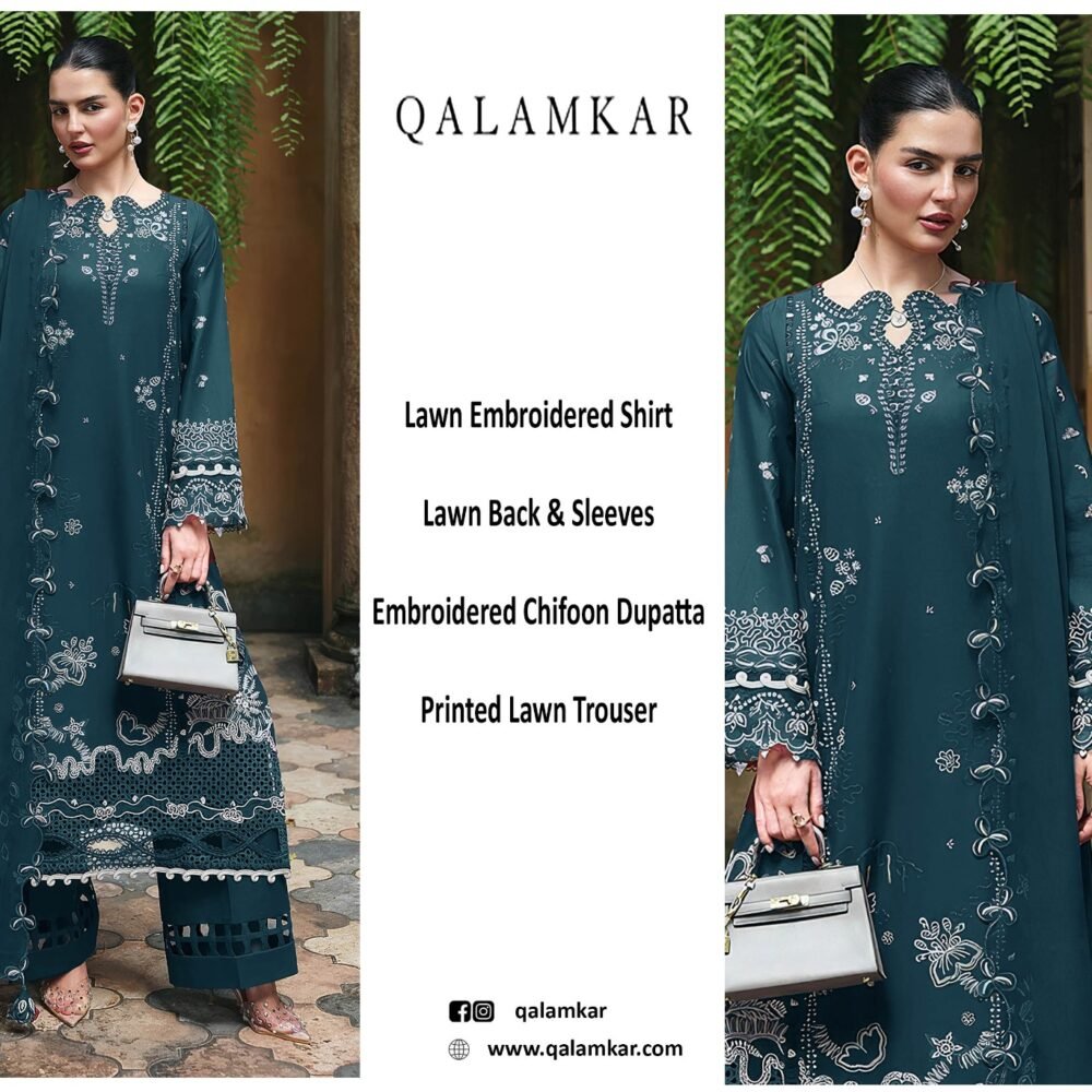 Teal Noir Unstitched Embroidered Lawn Suit, Qalamkar Replica