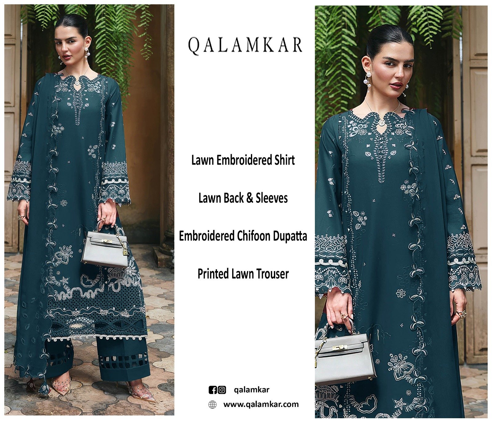 Teal Noir Unstitched Embroidered Lawn Suit, Qalamkar Replica