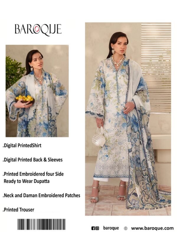 Azure Garden Unstitched Digital Printed Lawn Suit, Baroque Replica